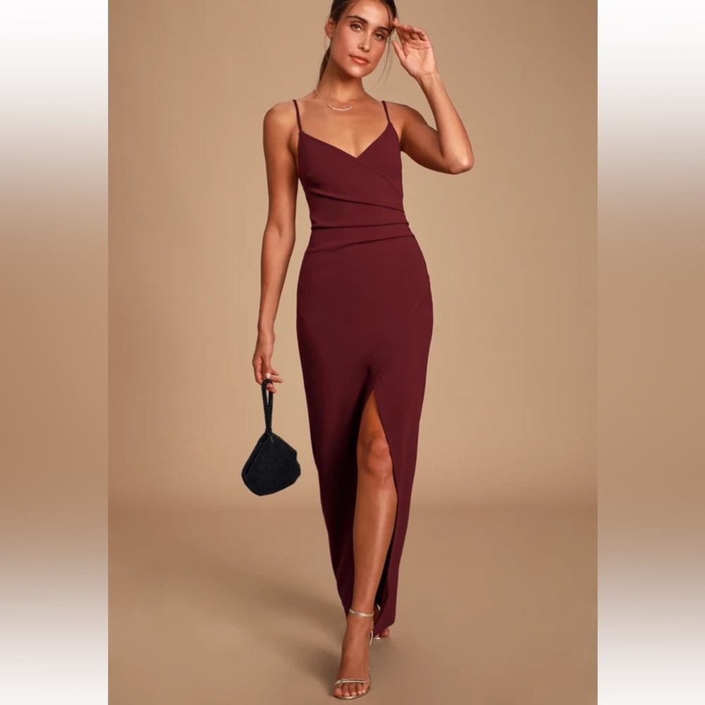 Lulus Burgundy Ruched Surplice Maxi Dress